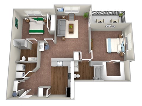 Floor plan for 2 beds, 2 baths, 1033 sqft