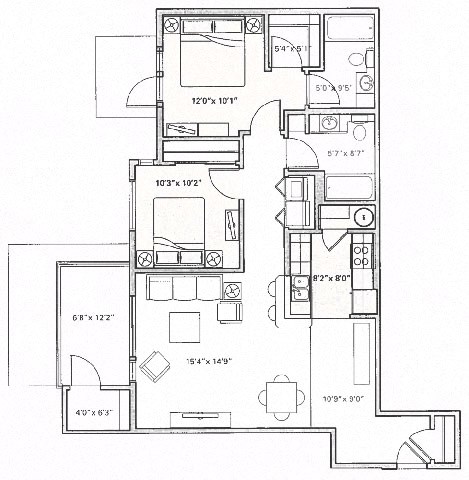 Floor plan for 2 beds, 2 baths, 1168 sqft