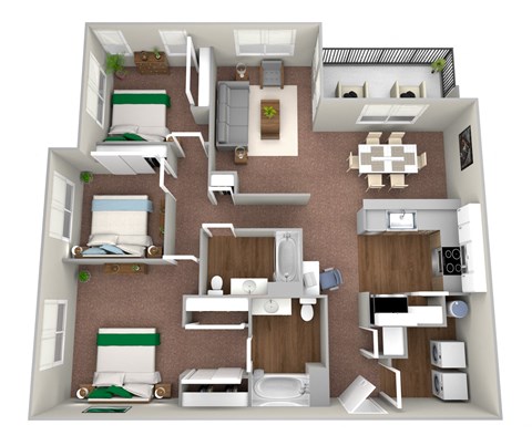Floor plan for 3 beds, 2 baths, 1260 sqft
