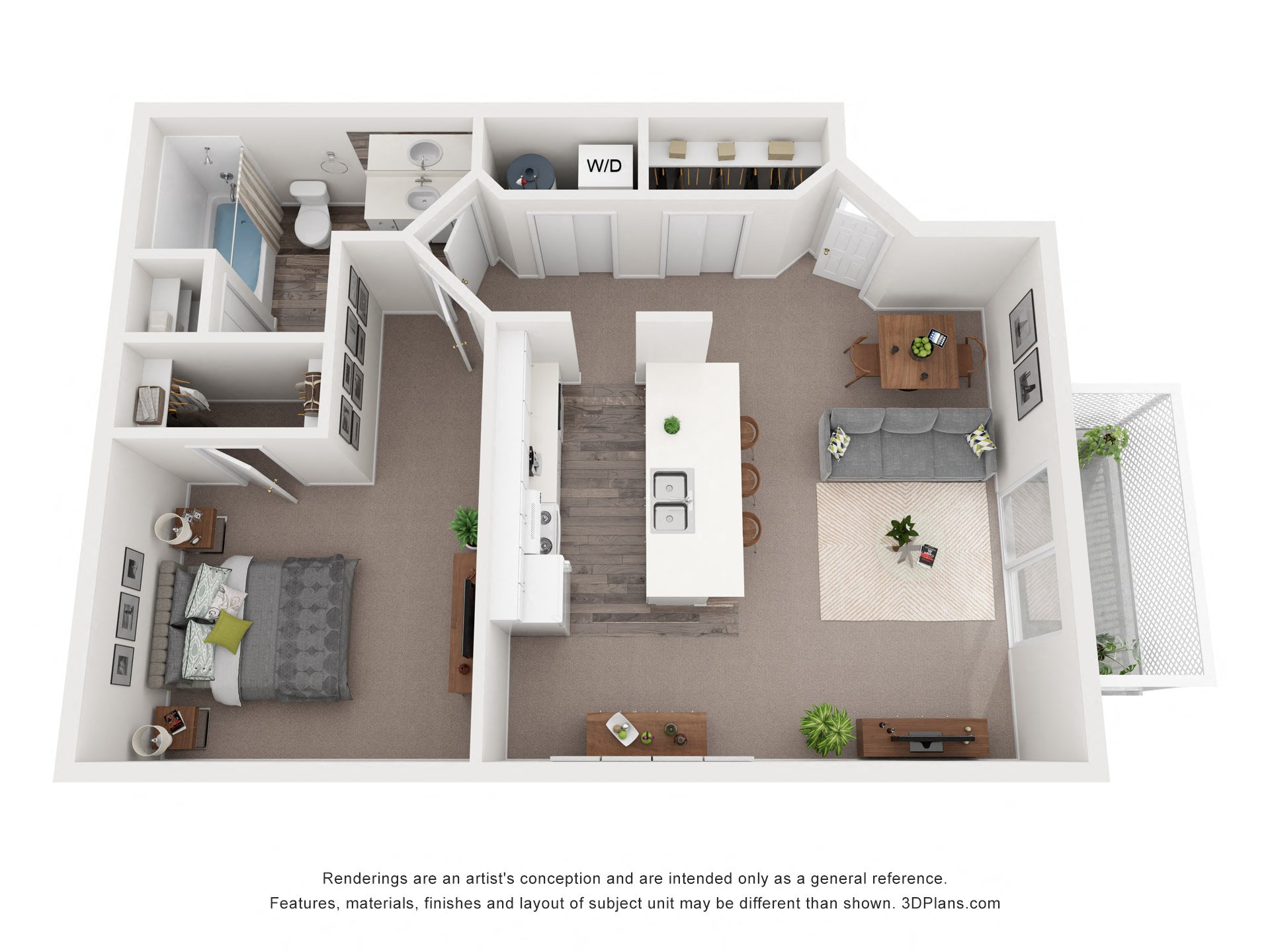 Floor plan for 1 bed, 1 bath, 747 sqft