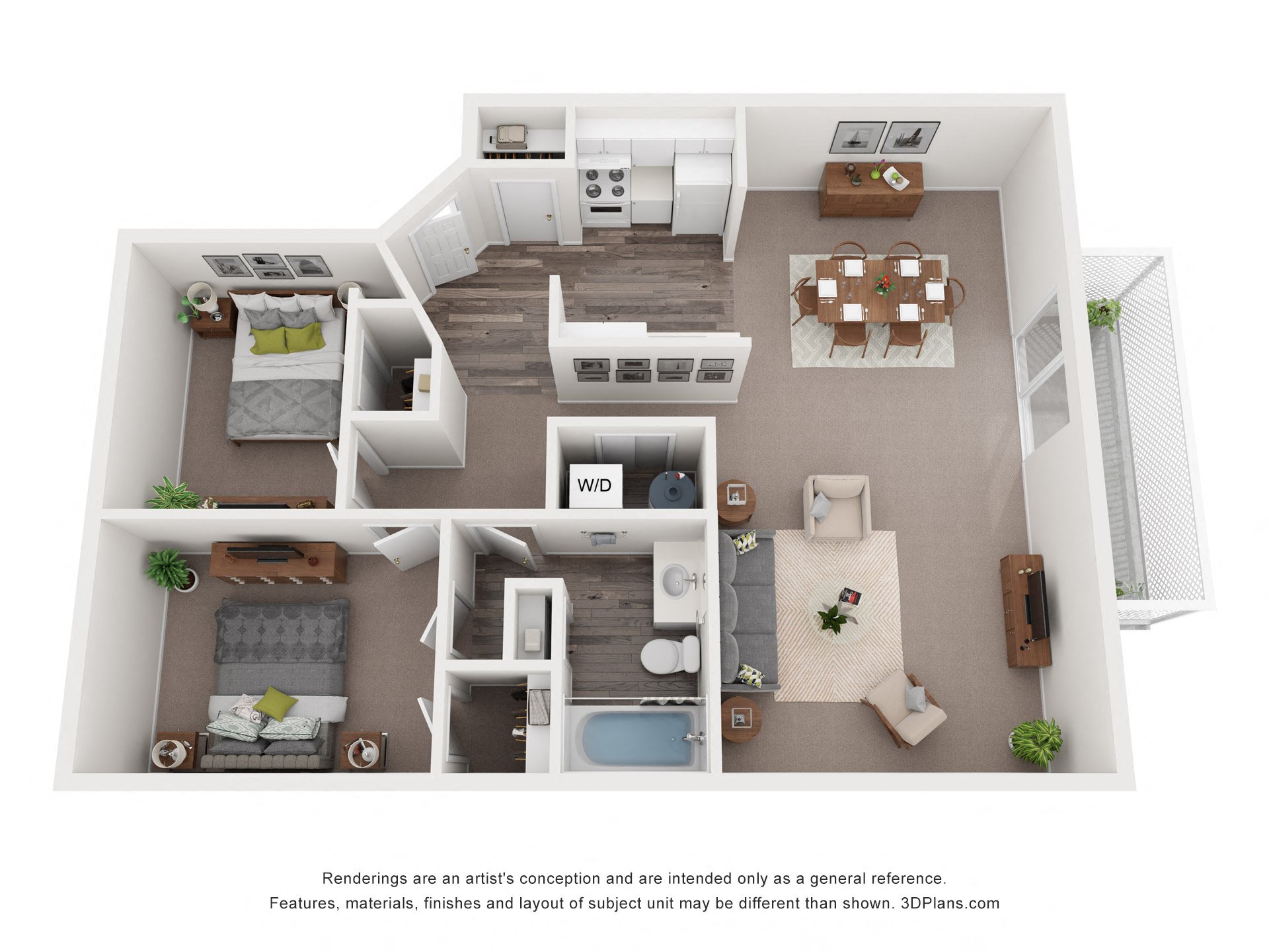 Floor plan for 2 beds, 1 bath, 960 sqft