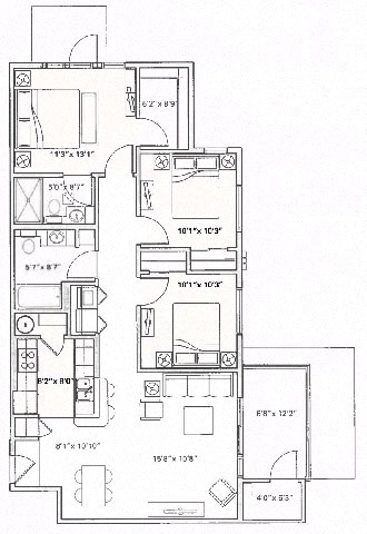 Floor plan for 3 beds, 2 baths, 1272 sqft