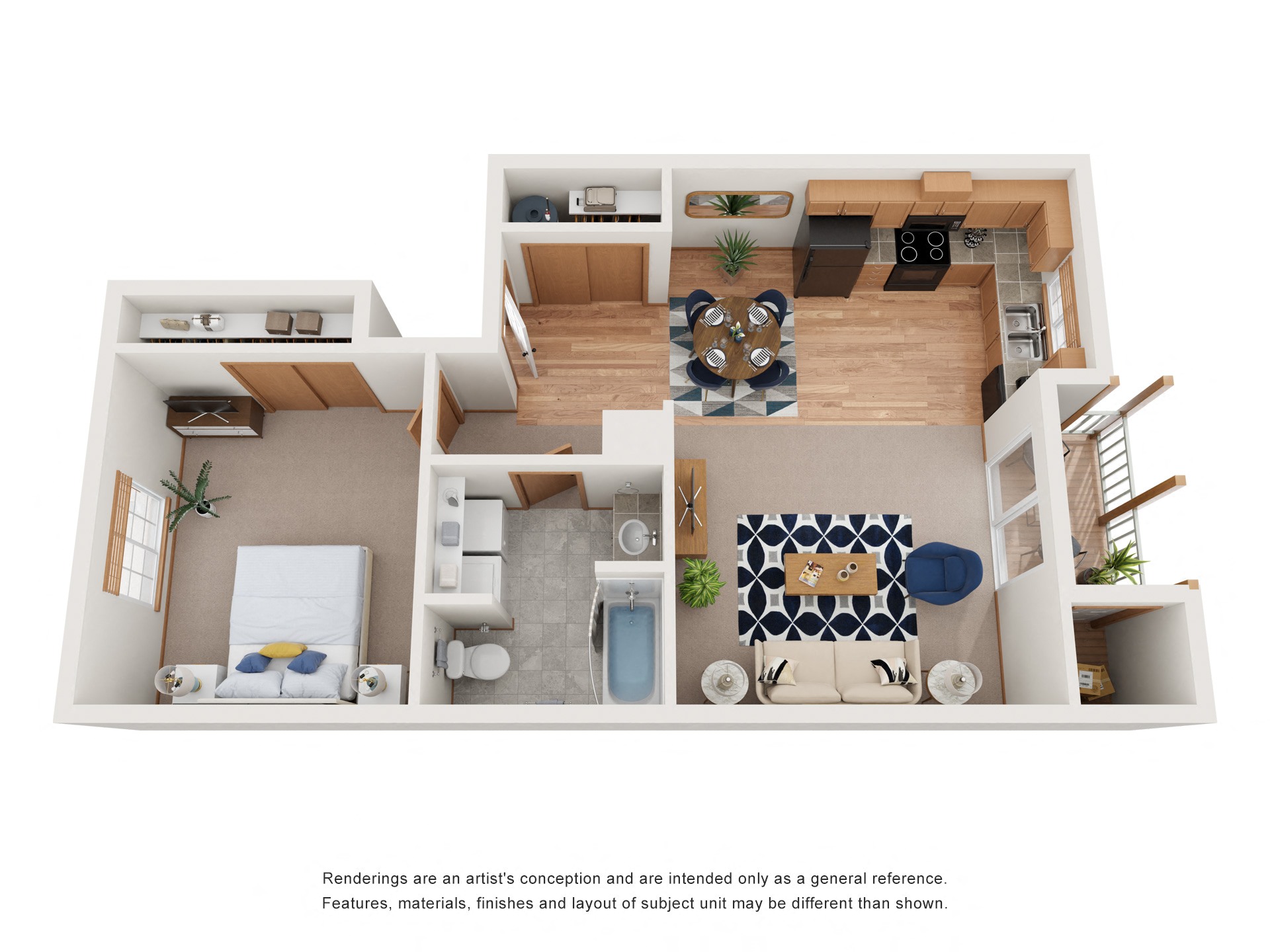Floor plan for 1 bed, 1 bath, 725 sqft
