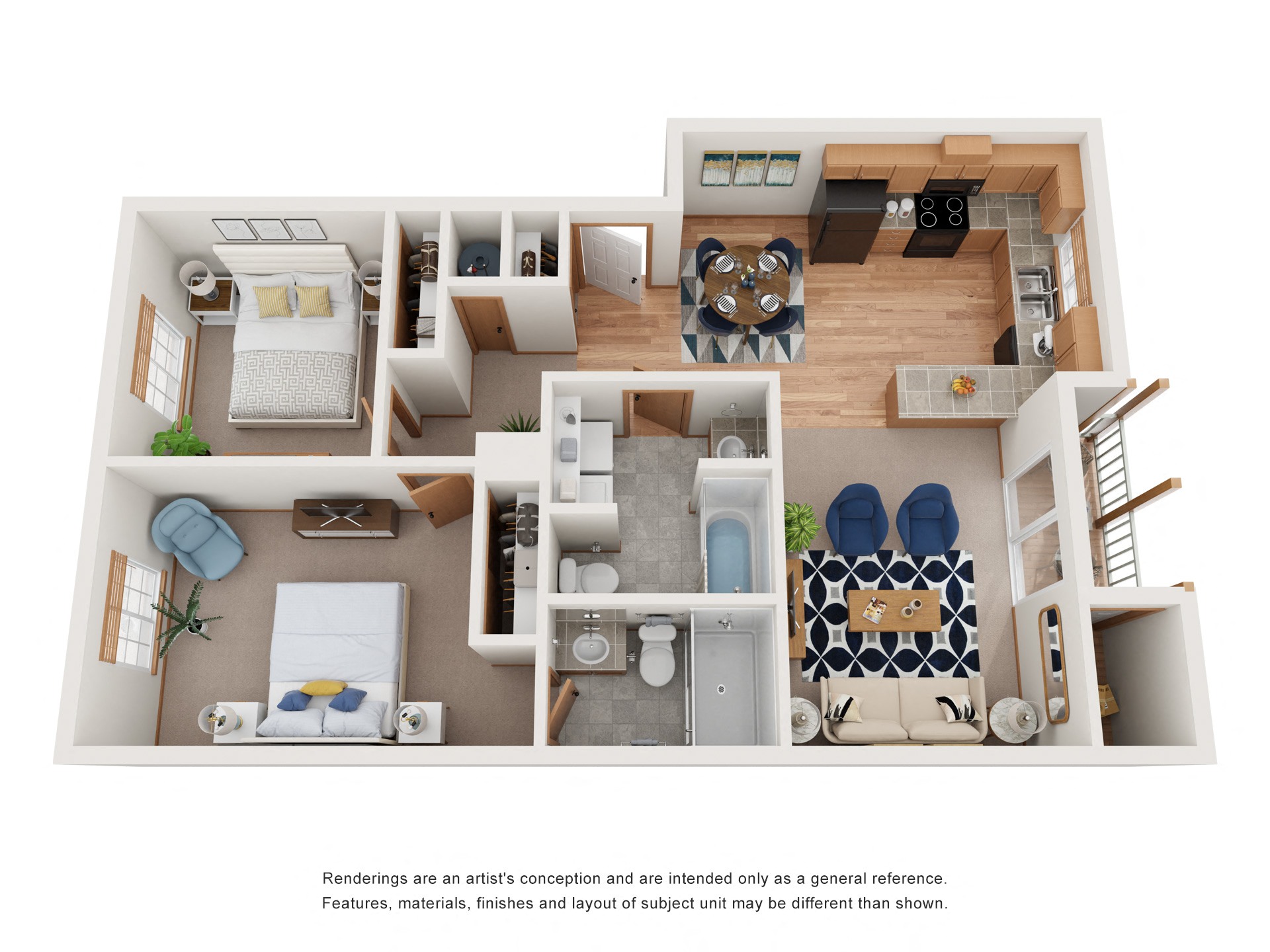 Floor plan for 2 beds, 2 baths, 923 sqft