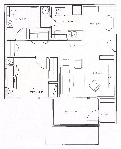 Floor plan for 1 bed, 1 bath, 843 sqft