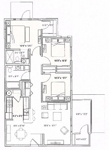Floor plan for 3 beds, 2 baths, 1239 sqft