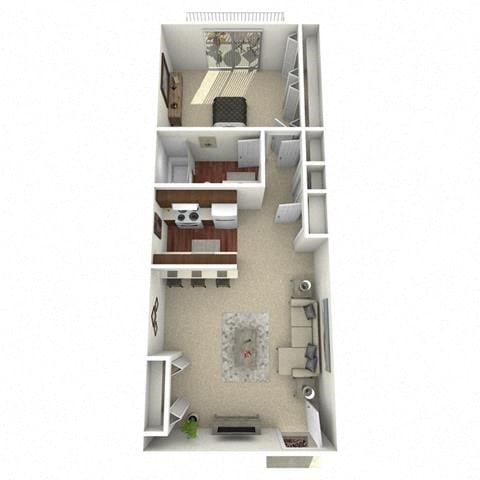 Floor plan for 1 bed, 1 bath, 608 sqft
