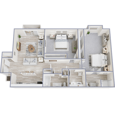 Floor plan for 2 beds, 2 baths, 1107 sqft