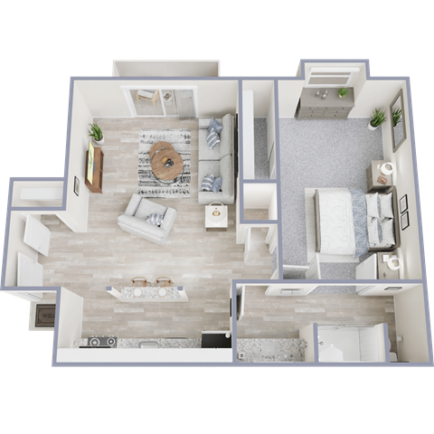 Floor plan for 1 bed, 1 bath, 715 sqft