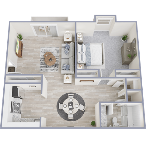 Floor plan for 1 bed, 1 bath, 738 sqft