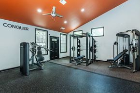 Marietta apartment for rent - A gym with a variety of equipment including a weight bench, a leg press machine, a squat rack, and a treadmill at Crest at East Cobb Apartments, Marietta