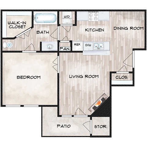 Floor plan for 1 bed, 1 bath, 565 sqft