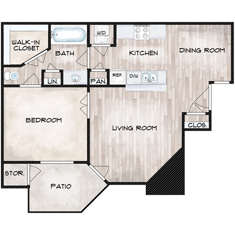 Floor plan for 1 bed, 1 bath, 660 sqft