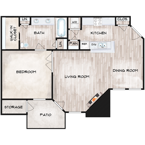 Floor plan for 1 bed, 1 bath, 720 sqft