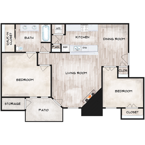 Floor plan for 2 beds, 1 bath, 830 sqft