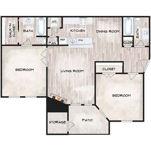 Floor plan for 2 beds, 2 baths, 960 sqft
