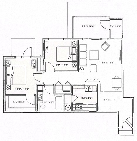 Floor plan for 2 beds, 1 bath, 1091 sqft