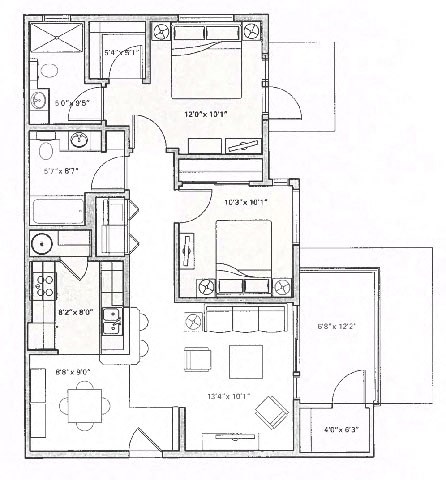 Floor plan for 2 beds, 2 baths