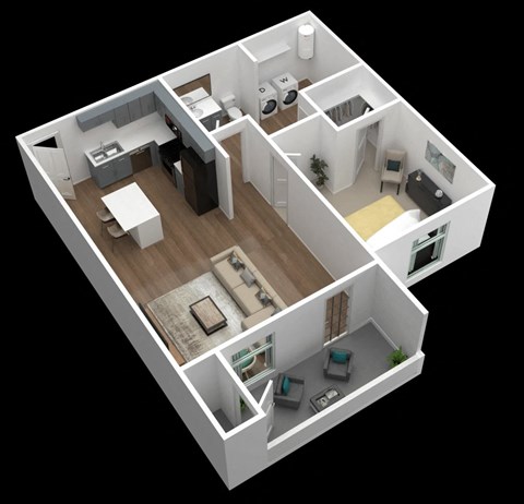 Floor plan for 1 bed, 1 bath, 764 sqft