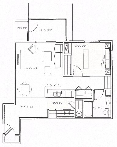Floor plan for 1 bed, 1 bath