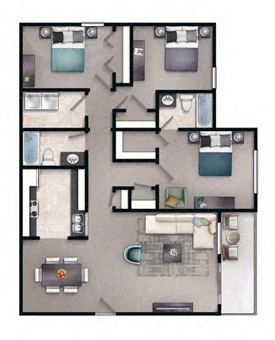 Floor plan for 3 beds, 2 baths, 1200 sqft