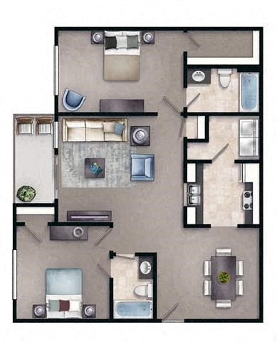 Floor plan for 2 beds, 2 baths, 1000 sqft