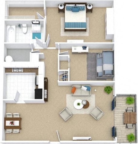 Floor plan for 2 beds, 1 bath, 936 sqft