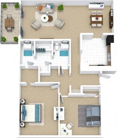 Floor plan for 2 beds, 1.5 baths, 1040 sqft