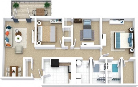 Floor plan for 3 beds, 2 baths, 1184 sqft