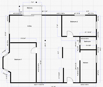 Floor plan for 2 beds, 1 bath, 950 sqft