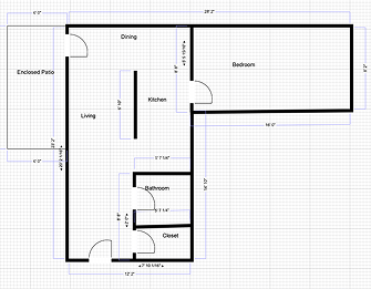 Floor plan for 1 bed, 1 bath, 600 sqft