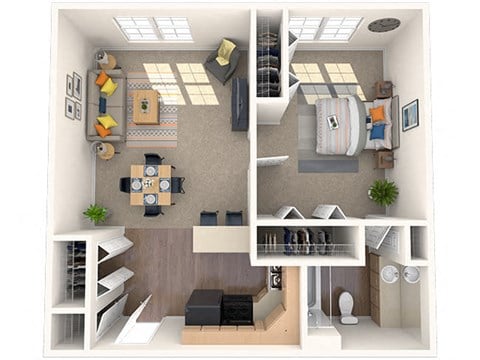 Floor plan for 1 bed, 1 bath, 595 sqft