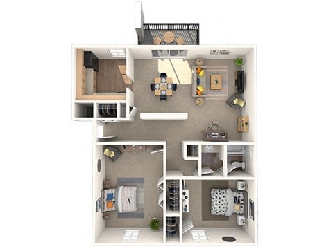 Floor plan for 2 beds, 1 bath, 980 sqft
