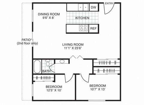 Floor plan for 2 beds, 1 bath, 885 sqft