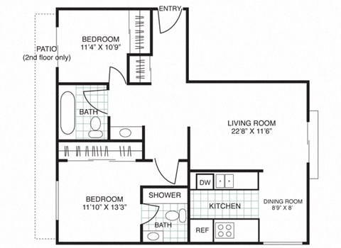 Floor plan for 2 beds, 2 baths, 885 sqft
