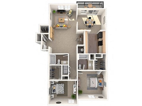 Floor plan for 2 beds, 2 baths, 1360 sqft