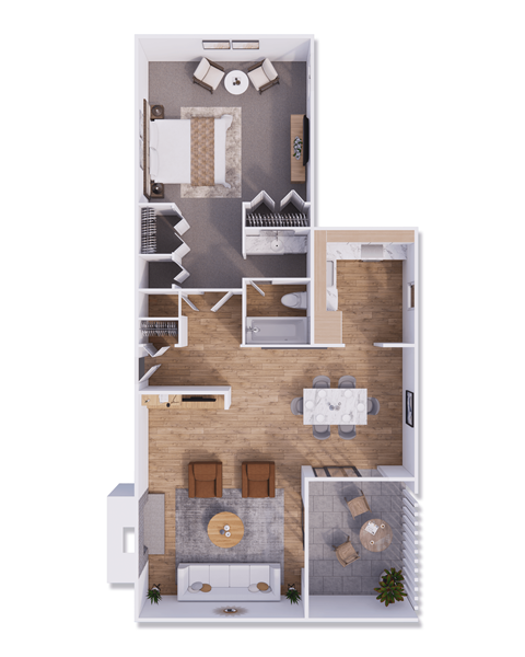Floor plan for 1 bed, 1 bath, 886 sqft