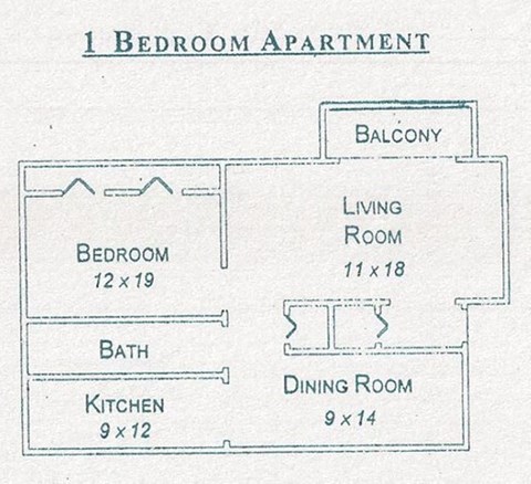 Floor plan for 1 bed, 1 bath, 800 sqft
