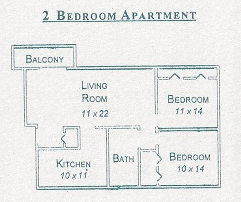 Floor plan for 2 beds, 1 bath, 950 sqft