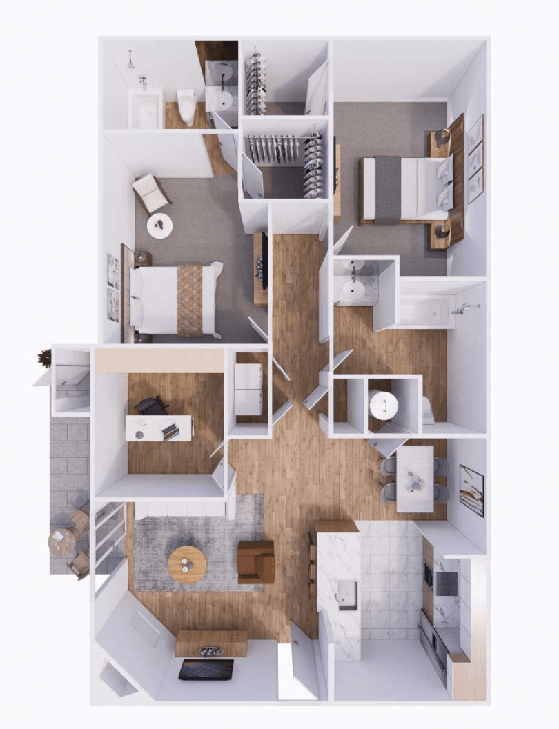 Floor plan for 2 beds, 2 baths, 1082 sqft