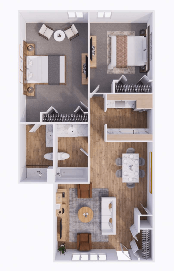 Floor plan for 2 beds, 2 baths, 950 sqft