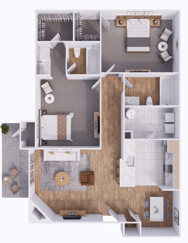 Floor plan for 2 beds, 2 baths, 905 sqft