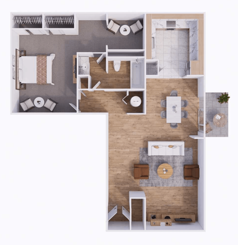 Floor plan for 1 bed, 1 bath, 909 sqft