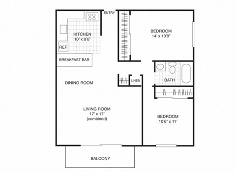 Floor plan for 2 beds, 1 bath, 875 sqft