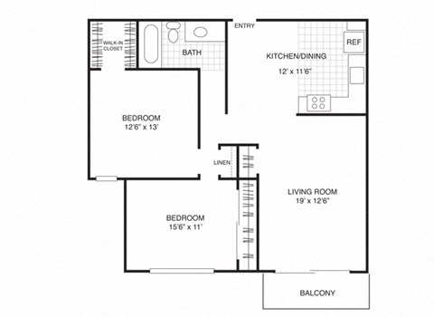 Floor plan for 2 beds, 1 bath, 946 sqft