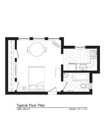 Floor plan for studio, 1 bath, 330 sqft