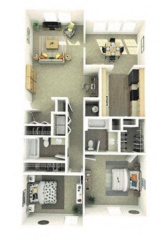 Floor plan for 2 beds, 2 baths, 1295 sqft