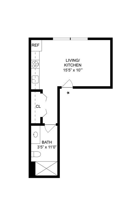 Floor plan for studio, 1 bath, 291 sqft