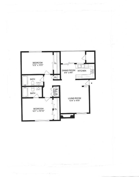 Floor plan for 2 beds, 2 baths, 1075 sqft