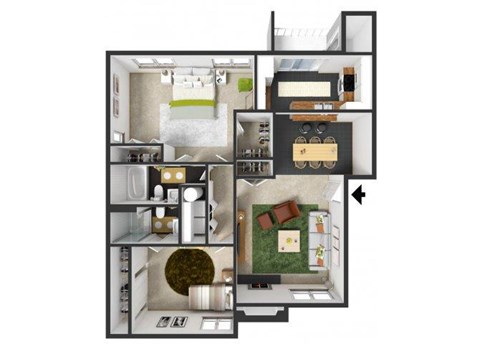 Floor plan for 2 beds, 2 baths, 1225 sqft